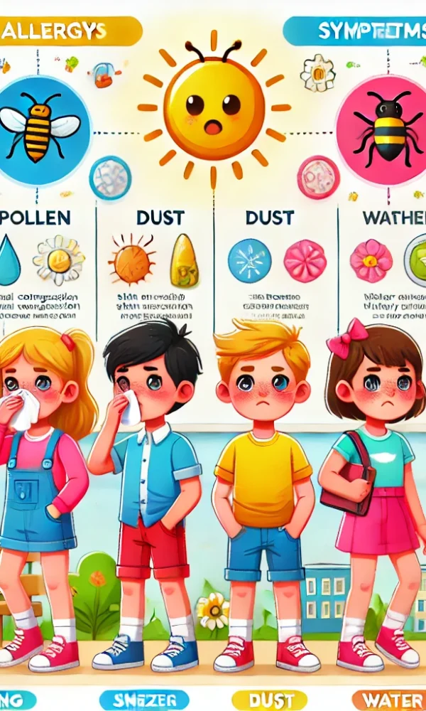 DALL·E 2025 01 20 12 56 07 A vibrant and educational infographic illustrating how to identify allergy symptoms in children  The image features a diverse group of cartoon style c 600x1000